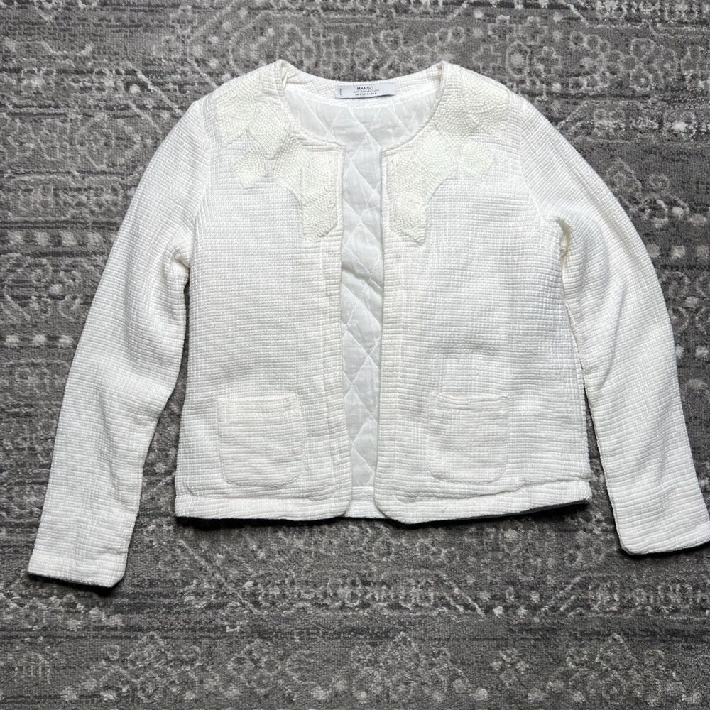 Mango Open Front Textured Womens Jacket US Small Ivory 100% Cotton Lined
